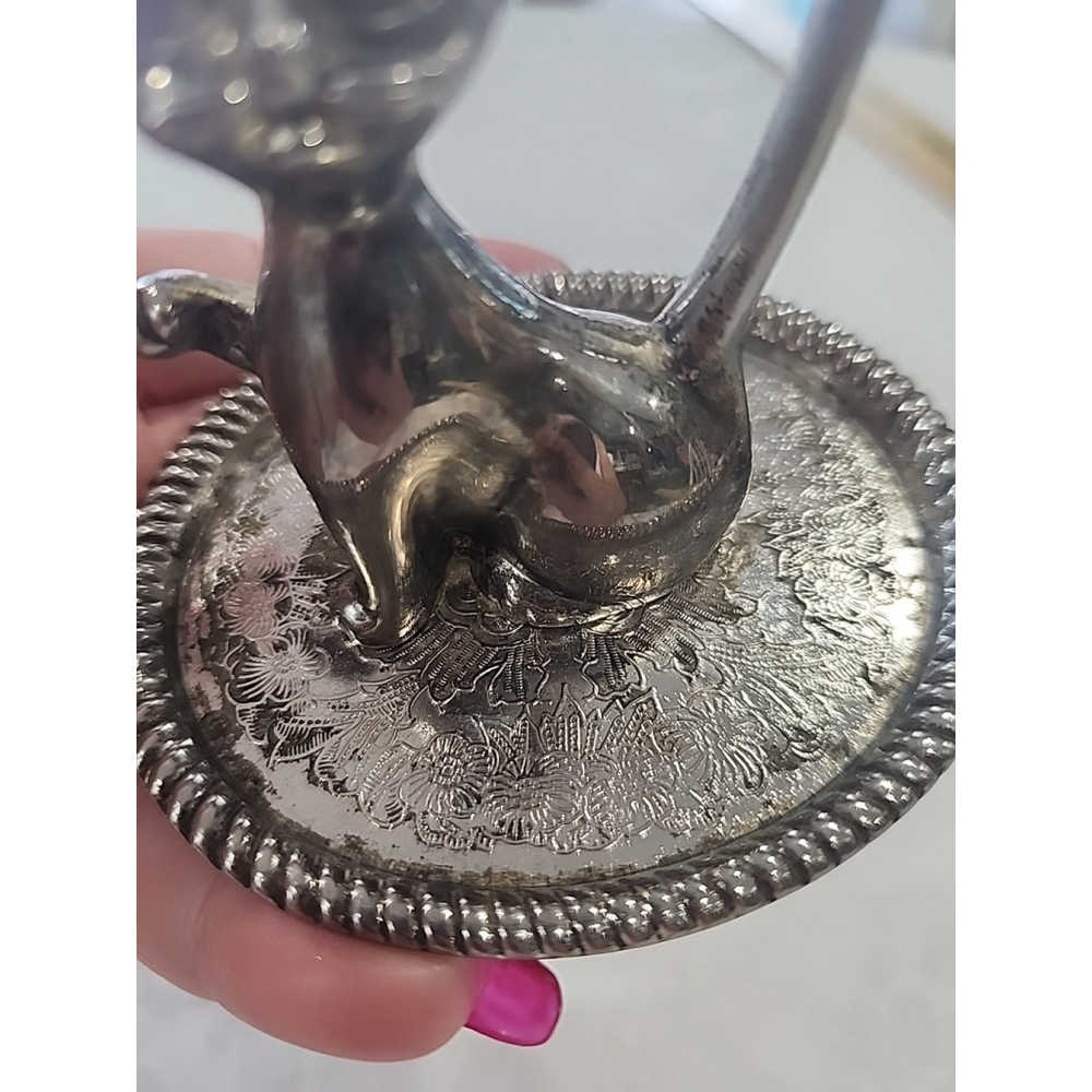 Vintage Mid Century Silver Plated Cat Figurine Ring Holder on Etched Tray 3.5" - Picture 7 of 8